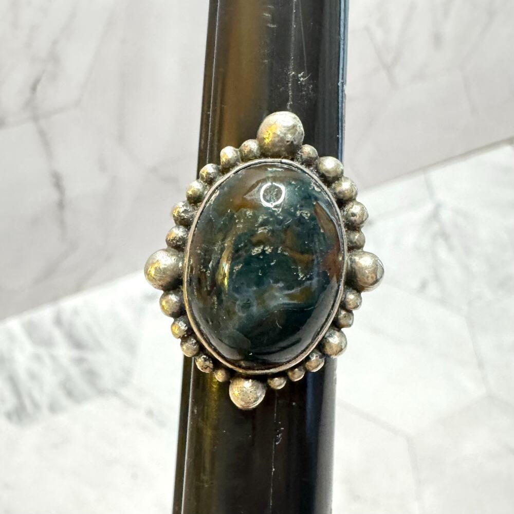 Fancy Jasper Sterling Sliver Ring Deep Blue Aqua Oval Size 6.5 Southwestern VTG
